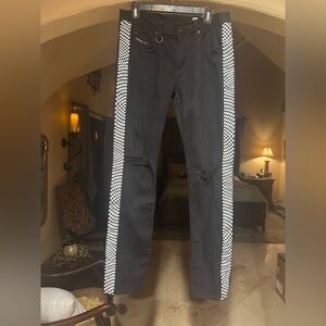 Empyre Recoil Super Skinny Black Jeans with Checkerboard Stripe, Size 32